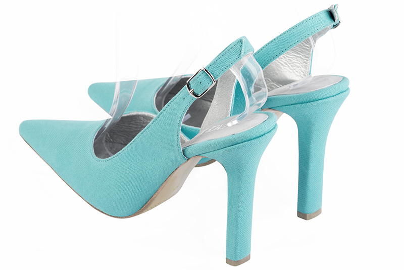 Aquamarine blue women's slingback shoes. Pointed toe. Very high slim heel. Rear view - Florence KOOIJMAN